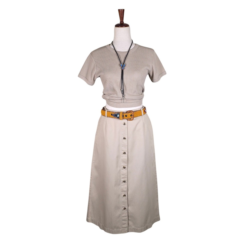 Vintage‎ 90s Button Front Skirt Size L Tan Khaki Midi Preppy POCKETS Cottagecore